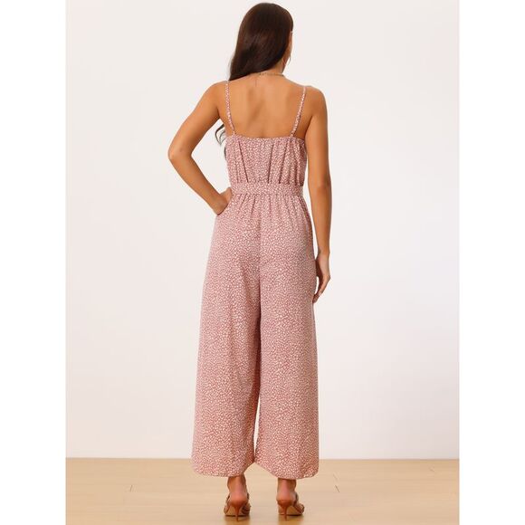 Spaghetti Straps Sleeveless V Neck Tie Waist Split Wide Leg Jumpsuits Dusty Pink - Picture 3 of 5